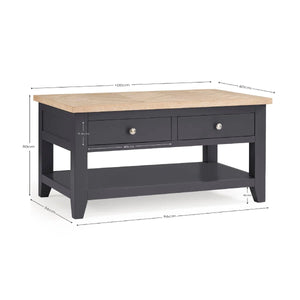 Julian Bowen Bordeaux Coffee Table with Oak Parquet Top, 2 Drawers & Open Shelf – Dark Grey & Oak - Sleek Furniture