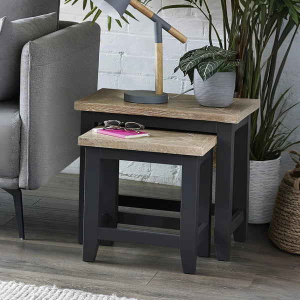 Julian Bowen Bordeaux Nest of Tables – Dark Grey Lacquered Finish with Parquet Detailing - Sleek Furniture