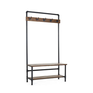 Julian Bowen Boston Industrial Hallway Stand with Storage Bench, Solid Elm Wood Seat, 5 Coat Hooks & Powder-Coated Steel Frame, Mocha Finish - Sleek Furniture