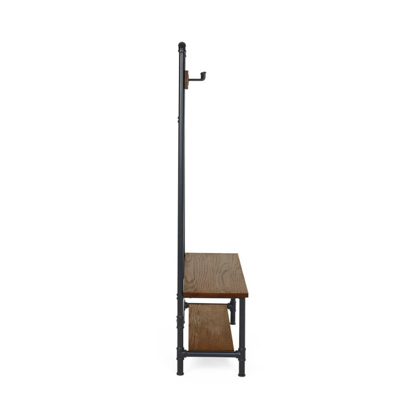 Julian Bowen Boston Industrial Hallway Stand with Storage Bench, Solid Elm Wood Seat, 5 Coat Hooks & Powder-Coated Steel Frame, Mocha Finish - Sleek Furniture