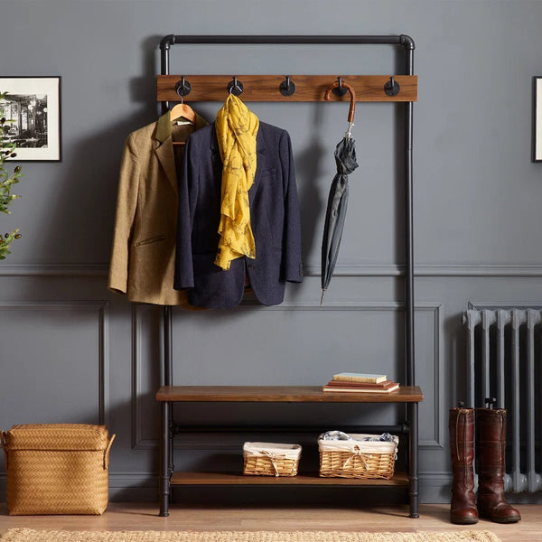 Julian Bowen Boston Industrial Hallway Stand with Storage Bench, Solid Elm Wood Seat, 5 Coat Hooks & Powder-Coated Steel Frame, Mocha Finish - Sleek Furniture