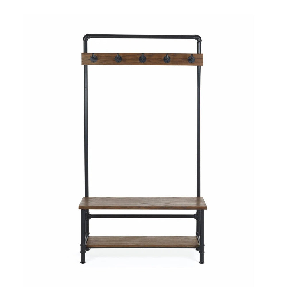 Julian Bowen Boston Industrial Hallway Stand with Storage Bench, Solid Elm Wood Seat, 5 Coat Hooks & Powder-Coated Steel Frame, Mocha Finish - Sleek Furniture