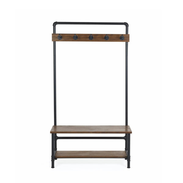 Julian Bowen Boston Industrial Hallway Stand with Storage Bench, Solid Elm Wood Seat, 5 Coat Hooks & Powder-Coated Steel Frame, Mocha Finish - Sleek Furniture