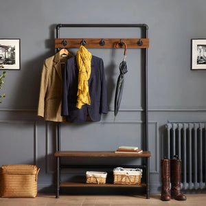 Julian Bowen Boston Industrial Hallway Stand with Storage Bench, Solid Elm Wood Seat, 5 Coat Hooks & Powder-Coated Steel Frame, Mocha Finish - Sleek Furniture