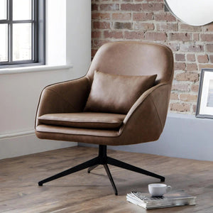 Julian Bowen Bowery 360° Swivel Accent Chair in Brown Faux Leather with Black Metal Base – Modern Industrial Lounge Chair - Sleek Furniture