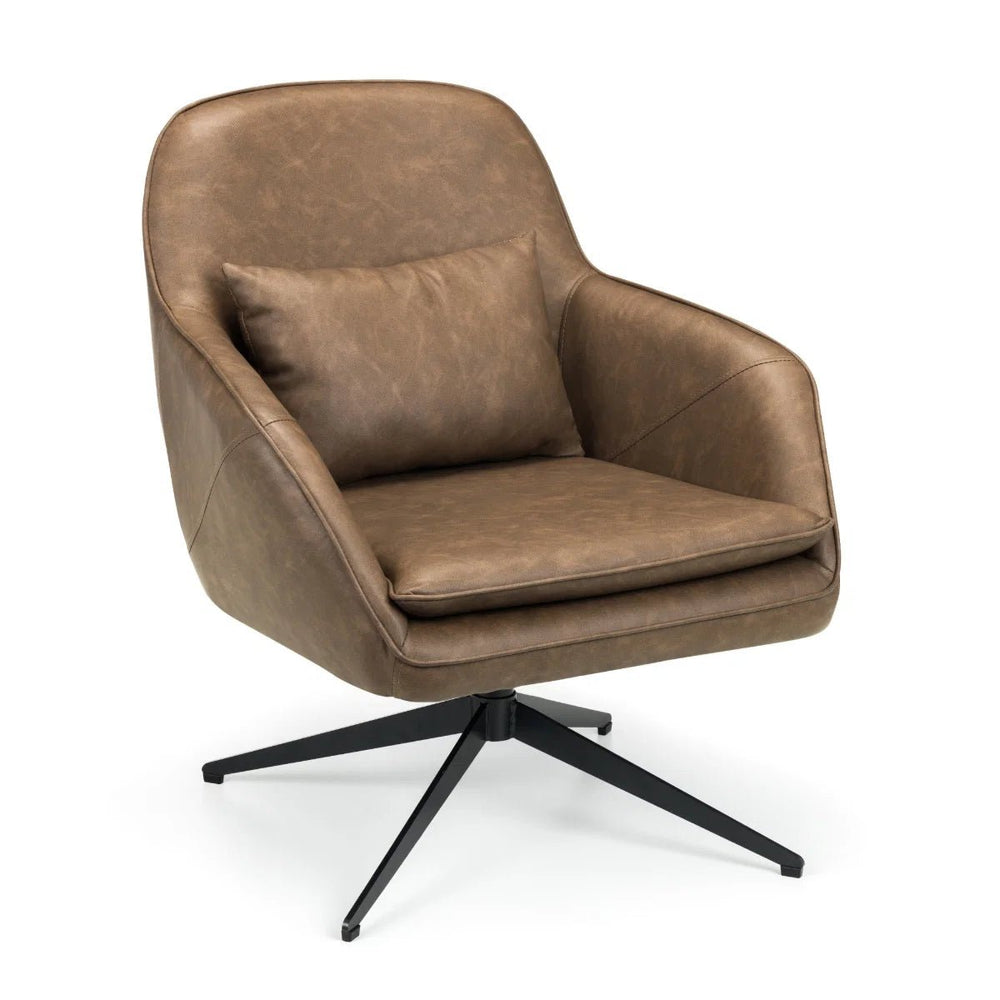 Julian Bowen Bowery 360° Swivel Accent Chair in Brown Faux Leather with Black Metal Base – Modern Industrial Lounge Chair - Sleek Furniture