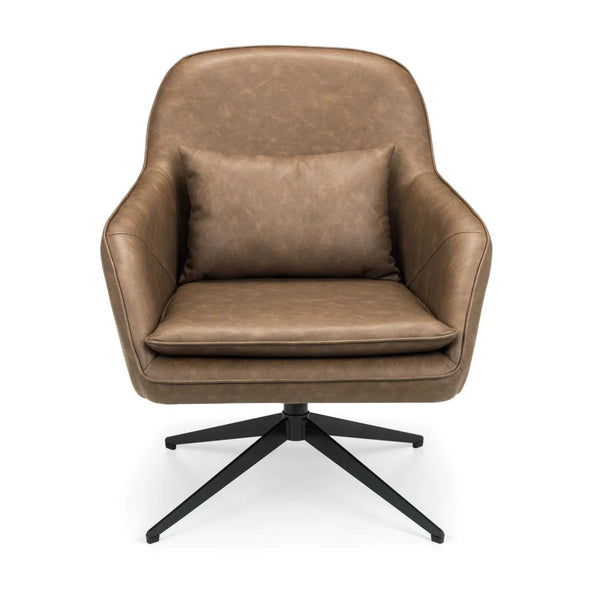 Julian Bowen Bowery 360° Swivel Accent Chair in Brown Faux Leather with Black Metal Base – Modern Industrial Lounge Chair - Sleek Furniture