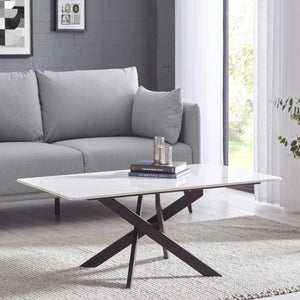 Julian Bowen Bradley Rectangular White Marble Effect Ceramic Top Coffee Table with Black Powder-Coated Steel Spider Legs – Modern Living Room Centre Table (110 x 60 x 45 cm) - Sleek Furniture