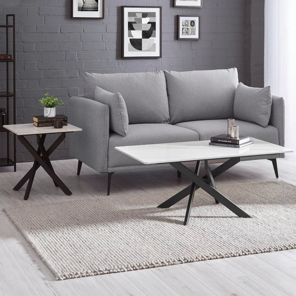 Julian Bowen Bradley Rectangular White Marble Effect Ceramic Top Coffee Table with Black Powder-Coated Steel Spider Legs – Modern Living Room Centre Table (110 x 60 x 45 cm) - Sleek Furniture