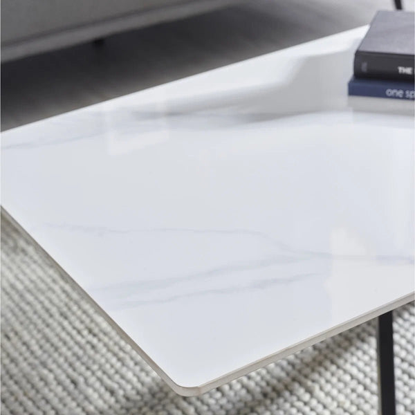 Julian Bowen Bradley Rectangular White Marble Effect Ceramic Top Coffee Table with Black Powder-Coated Steel Spider Legs – Modern Living Room Centre Table (110 x 60 x 45 cm) - Sleek Furniture
