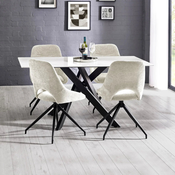 Julian Bowen Bradley White Marble Effect Ceramic Dining Table with Black Spider Steel Legs – 160cm Modern Luxury Dining Table - Sleek Furniture