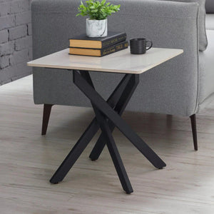 Julian Bowen Bradley White Marble Effect Ceramic Lamp Table with Black Steel Spider Legs – Modern Round Side Table for Living Room, Bedroom & Lounge - Sleek Furniture