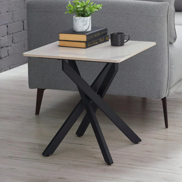 Julian Bowen Bradley White Marble Effect Ceramic Lamp Table with Black Steel Spider Legs – Modern Round Side Table for Living Room, Bedroom & Lounge - Sleek Furniture