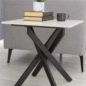 Julian Bowen Bradley White Marble Effect Ceramic Lamp Table with Black Steel Spider Legs – Modern Round Side Table for Living Room, Bedroom & Lounge - Sleek Furniture
