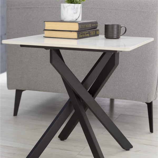 Julian Bowen Bradley White Marble Effect Ceramic Lamp Table with Black Steel Spider Legs – Modern Round Side Table for Living Room, Bedroom & Lounge - Sleek Furniture