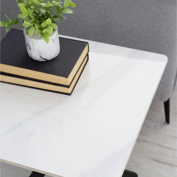 Julian Bowen Bradley White Marble Effect Ceramic Lamp Table with Black Steel Spider Legs – Modern Round Side Table for Living Room, Bedroom & Lounge - Sleek Furniture
