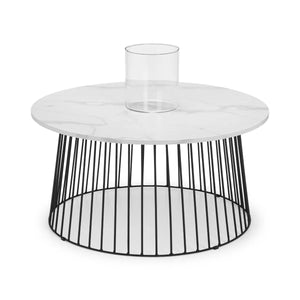 Julian Bowen Broadway Round Coffee Table with White Marble Effect Top & Black Metal Base – Modern Industrial Living Room Accent Table - Sleek Furniture
