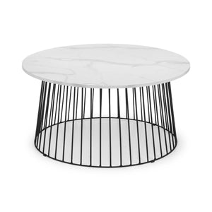 Julian Bowen Broadway Round Coffee Table with White Marble Effect Top & Black Metal Base – Modern Industrial Living Room Accent Table - Sleek Furniture