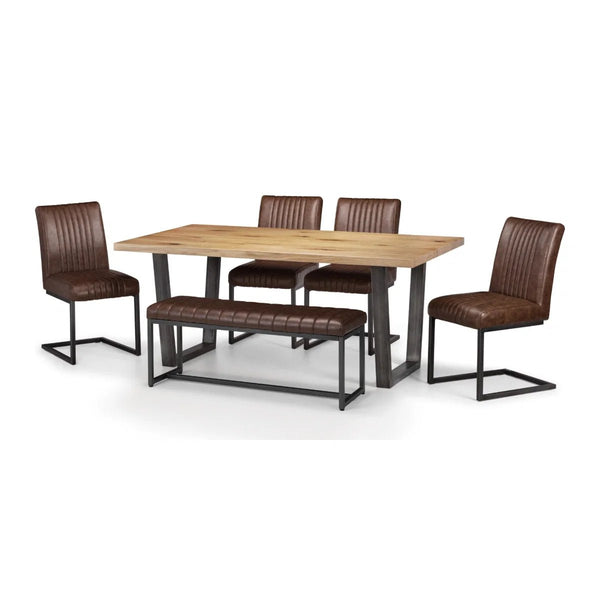 Julian Bowen Brooklyn Industrial Faux Leather 2 Seater Upholstered Dining Bench – Vintage Brown & Gunmetal Frame - Sleek Furniture