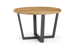 Julian Bowen Brooklyn Round Dining Table – Rustic Oak Finish with Industrial Black Metal Legs - Sleek Furniture