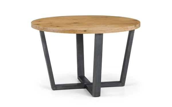 Julian Bowen Brooklyn Round Dining Table – Rustic Oak Finish with Industrial Black Metal Legs - Sleek Furniture