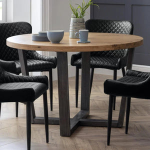 Julian Bowen Brooklyn Round Dining Table – Rustic Oak Finish with Industrial Black Metal Legs - Sleek Furniture
