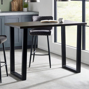 Julian Bowen Brooklyn Solid Oak Industrial Bar Table with Dark Oak Finish & Metal Trapeze Legs - Sleek Furniture