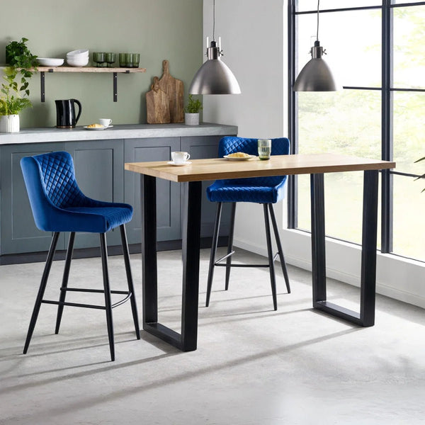Julian Bowen Brooklyn Solid Oak Industrial Bar Table with Metal Trapeze Legs – Rustic Wooden Breakfast & Pub Table - Sleek Furniture