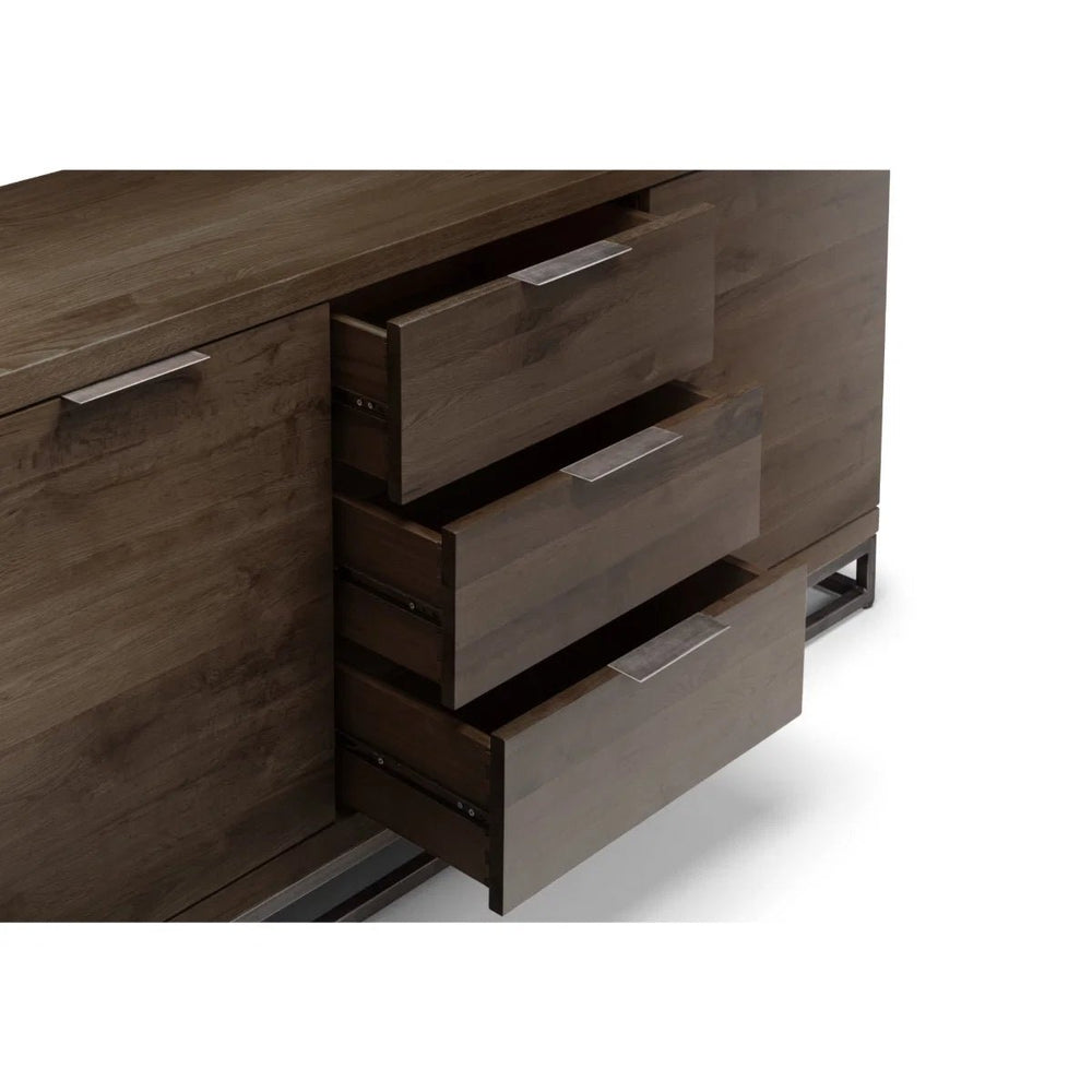 Julian Bowen Brooklyn Solid Oak Industrial Sideboard with 3 Drawers & 2 Door Storage – Dark Oak Finish - Sleek Furniture