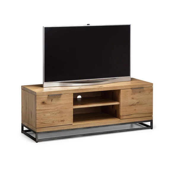 Julian Bowen Brooklyn Solid Oak Industrial TV Unit with 2 Cupboards & Open Media Shelf – Rustic Wooden Entertainment Stand with Metal Legs, 135 x 45 x 50 cm - Sleek Furniture