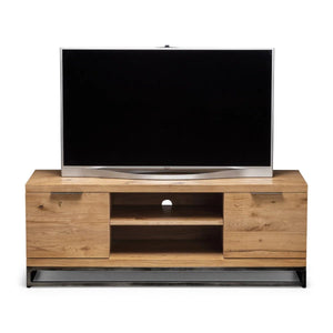 Julian Bowen Brooklyn Solid Oak Industrial TV Unit with 2 Cupboards & Open Media Shelf – Rustic Wooden Entertainment Stand with Metal Legs, 135 x 45 x 50 cm - Sleek Furniture