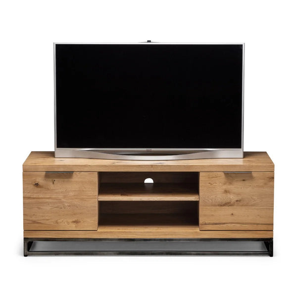 Julian Bowen Brooklyn Solid Oak Industrial TV Unit with 2 Cupboards & Open Media Shelf – Rustic Wooden Entertainment Stand with Metal Legs, 135 x 45 x 50 cm - Sleek Furniture