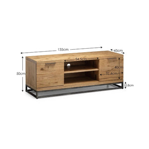 Julian Bowen Brooklyn Solid Oak Industrial TV Unit with 2 Cupboards & Open Media Shelf – Rustic Wooden Entertainment Stand with Metal Legs, 135 x 45 x 50 cm - Sleek Furniture