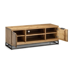 Julian Bowen Brooklyn Solid Oak Industrial TV Unit with 2 Cupboards & Open Media Shelf – Rustic Wooden Entertainment Stand with Metal Legs, 135 x 45 x 50 cm - Sleek Furniture