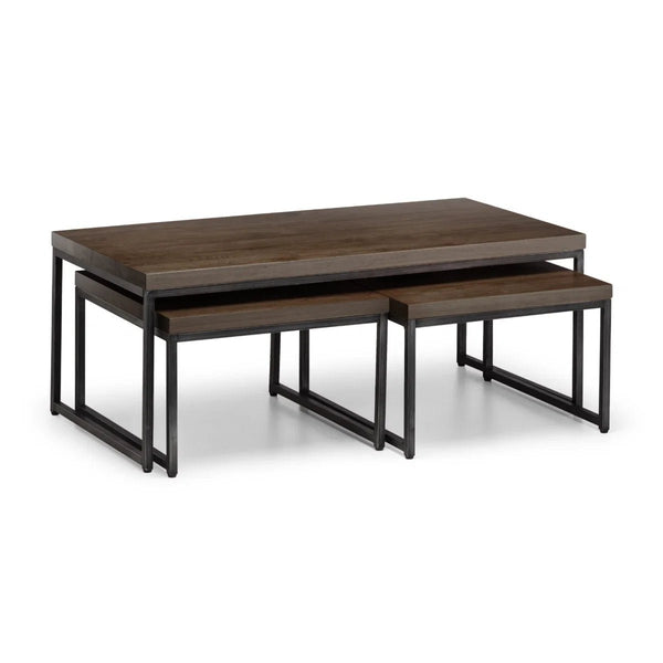 Julian Bowen Brooklyn Solid Oak Nesting Coffee Tables with Industrial Metal Legs – Rustic Dark Oak Space-Saving Living Room Table Set - Sleek Furniture