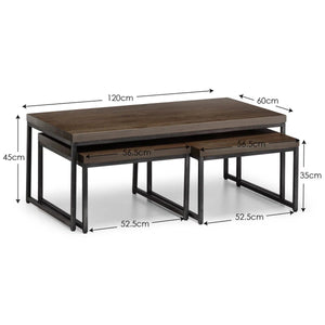 Julian Bowen Brooklyn Solid Oak Nesting Coffee Tables with Industrial Metal Legs – Rustic Dark Oak Space-Saving Living Room Table Set - Sleek Furniture