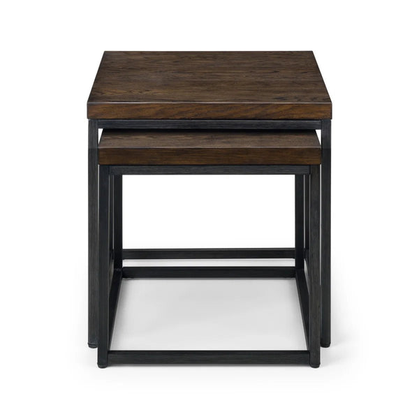 Julian Bowen Brooklyn Solid Oak Nesting Lamp Tables with Industrial Metal Legs – Rustic Dark Oak Side Table Set - Sleek Furniture