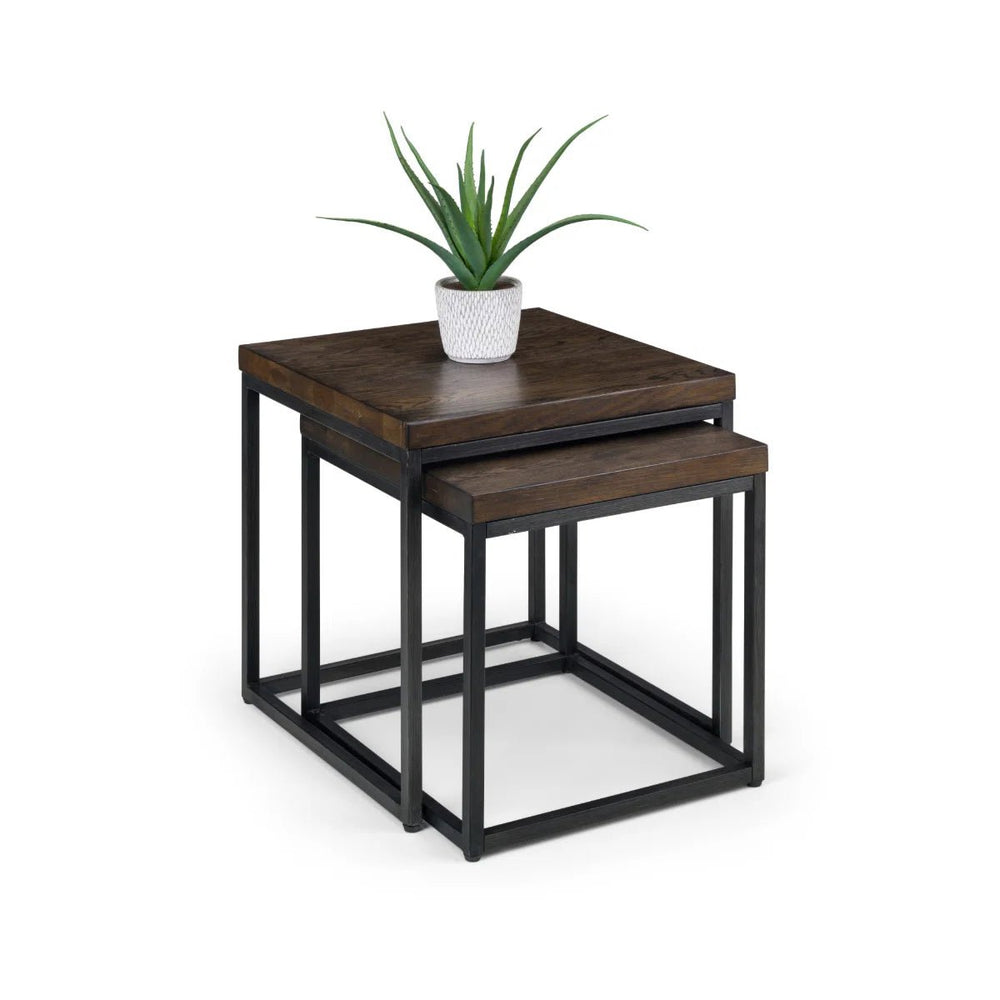 Julian Bowen Brooklyn Solid Oak Nesting Lamp Tables with Industrial Metal Legs – Rustic Dark Oak Side Table Set - Sleek Furniture