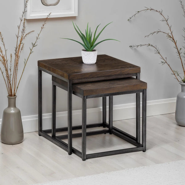 Julian Bowen Brooklyn Solid Oak Nesting Lamp Tables with Industrial Metal Legs – Rustic Dark Oak Side Table Set - Sleek Furniture