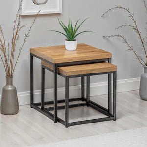 Julian Bowen Brooklyn Solid Oak Nesting Lamp Tables with Industrial Metal Legs – Rustic Space-Saving Side Table Set - Sleek Furniture