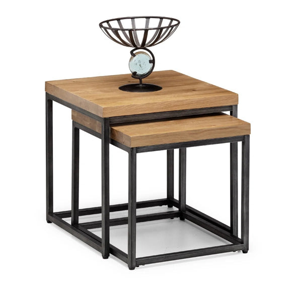 Julian Bowen Brooklyn Solid Oak Nesting Lamp Tables with Industrial Metal Legs – Rustic Space-Saving Side Table Set - Sleek Furniture