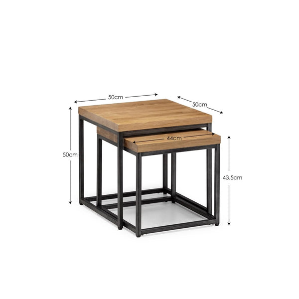 Julian Bowen Brooklyn Solid Oak Nesting Lamp Tables with Industrial Metal Legs – Rustic Space-Saving Side Table Set - Sleek Furniture