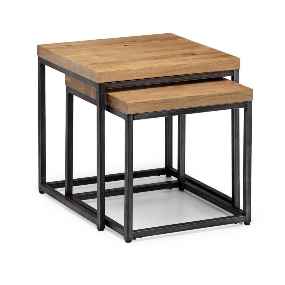 Julian Bowen Brooklyn Solid Oak Nesting Lamp Tables with Industrial Metal Legs – Rustic Space-Saving Side Table Set - Sleek Furniture