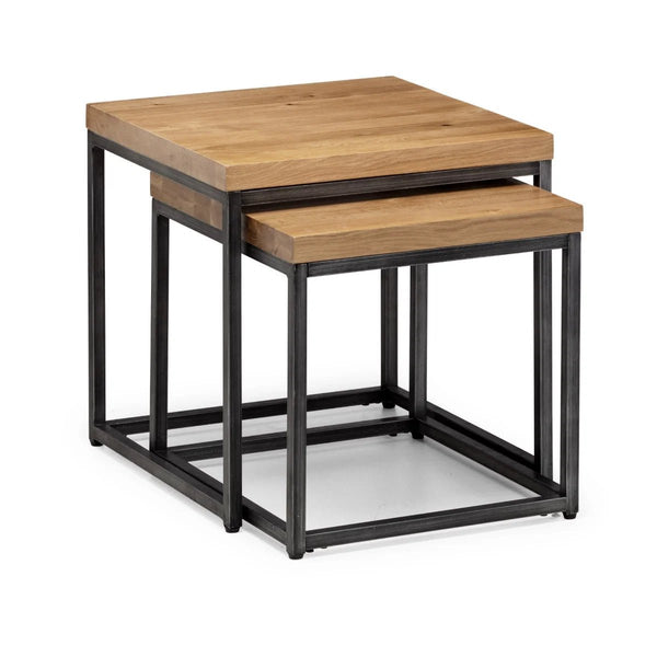 Julian Bowen Brooklyn Solid Oak Nesting Lamp Tables with Industrial Metal Legs – Rustic Space-Saving Side Table Set - Sleek Furniture