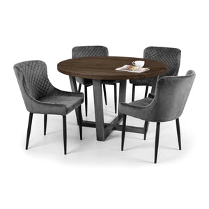 Julian Bowen Brooklyn Solid Oak Round Dining Table with Industrial Metal Trestle Legs, Dark Oak Finish, Seats 4 - Sleek Furniture