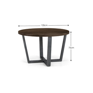 Julian Bowen Brooklyn Solid Oak Round Dining Table with Industrial Metal Trestle Legs, Dark Oak Finish, Seats 4 - Sleek Furniture