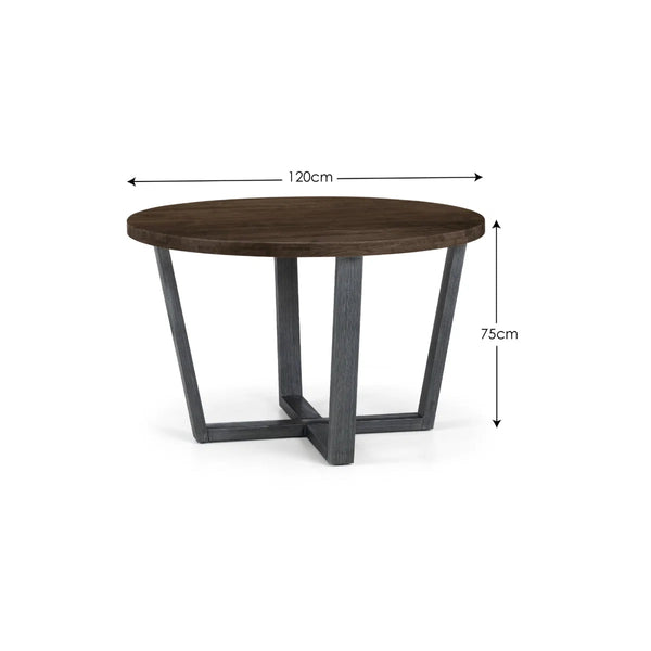 Julian Bowen Brooklyn Solid Oak Round Dining Table with Industrial Metal Trestle Legs, Dark Oak Finish, Seats 4 - Sleek Furniture