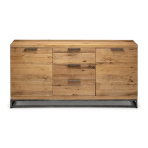 Julian Bowen Brooklyn Solid Oak Sideboard with 2 Cupboards, 3 Drawers & Industrial Metal Legs - Sleek Furniture