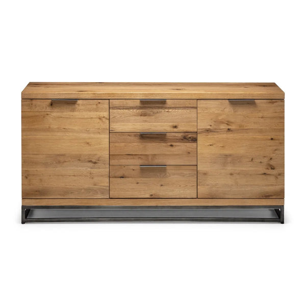 Julian Bowen Brooklyn Solid Oak Sideboard with 2 Cupboards, 3 Drawers & Industrial Metal Legs - Sleek Furniture