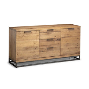 Julian Bowen Brooklyn Solid Oak Sideboard with 2 Cupboards, 3 Drawers & Industrial Metal Legs - Sleek Furniture
